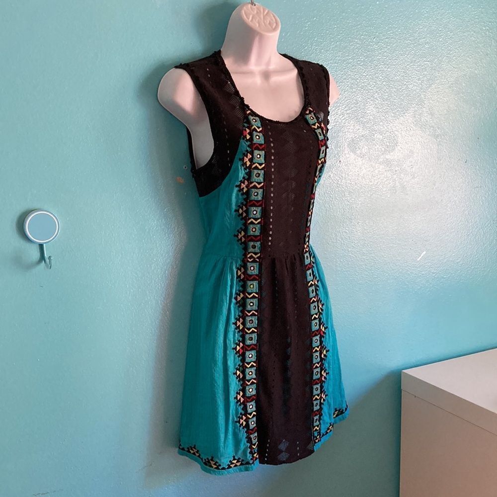 Free People Sz 6 Tribal Accent Turquoise Mini Fit Flare Dress Side Zip 35-30-35